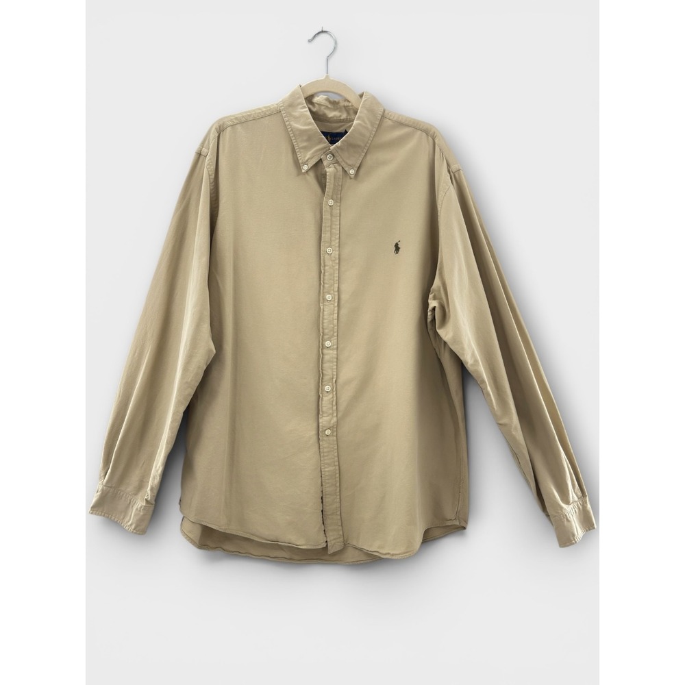 Ralph Lauren Mens XXL Beige‎ Button Down Shirt Cotton Classic Olive Pony Logo